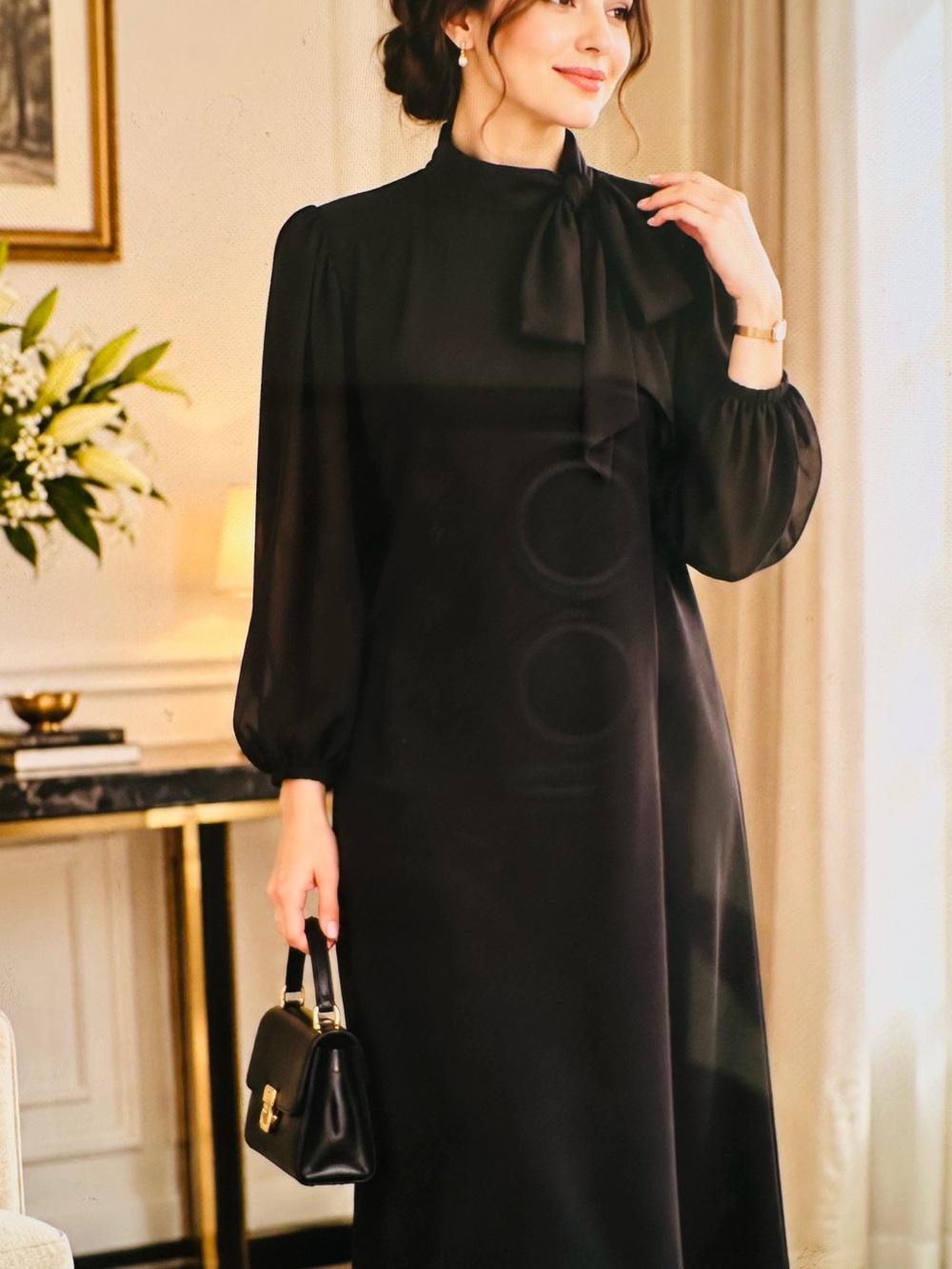 New York & Company Black Long-Sleeve Tie-Neck classy Dress xxL